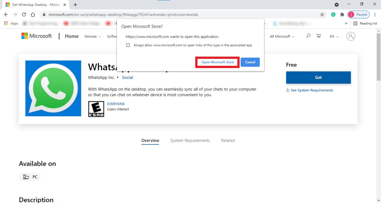 Whatsapp Desktop open in Microsoft Store